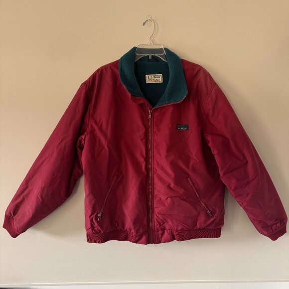 VTG LL Bean Warm Up Jacket Mens L Freeport Maine Red Exterior Green Fleece Inter - Picture 1 of 7